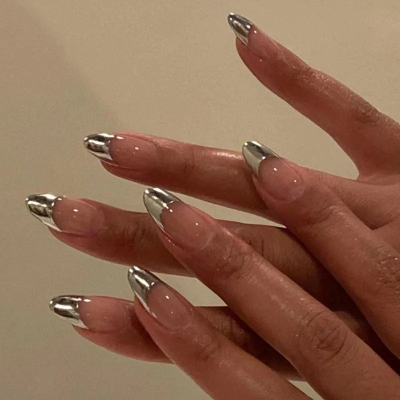 Medium fake nails for women girls french style golden silver frame almond Square shaped artificial nail tips press on false nail