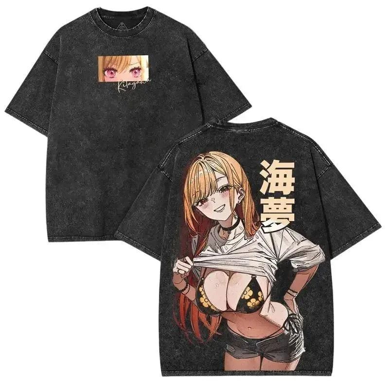 Marin Kitagawa Kanji Text Bikini Girl Back Graphic Print T-shirt Washed Oversized Cotton Casual Streetwear Tee For Manga Fans