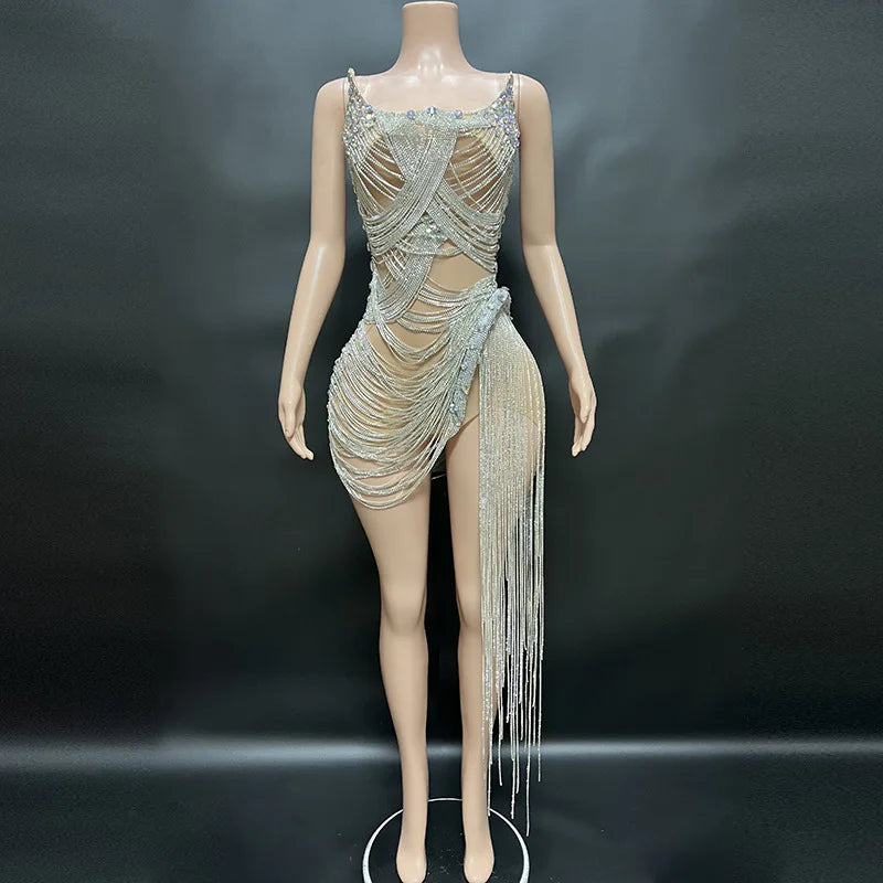 Luxury Dress Sexy Women's Shiny Beaded Rhinestone Dress Silver Stage Talent Performance Dress Birthday Celebration Party Dress