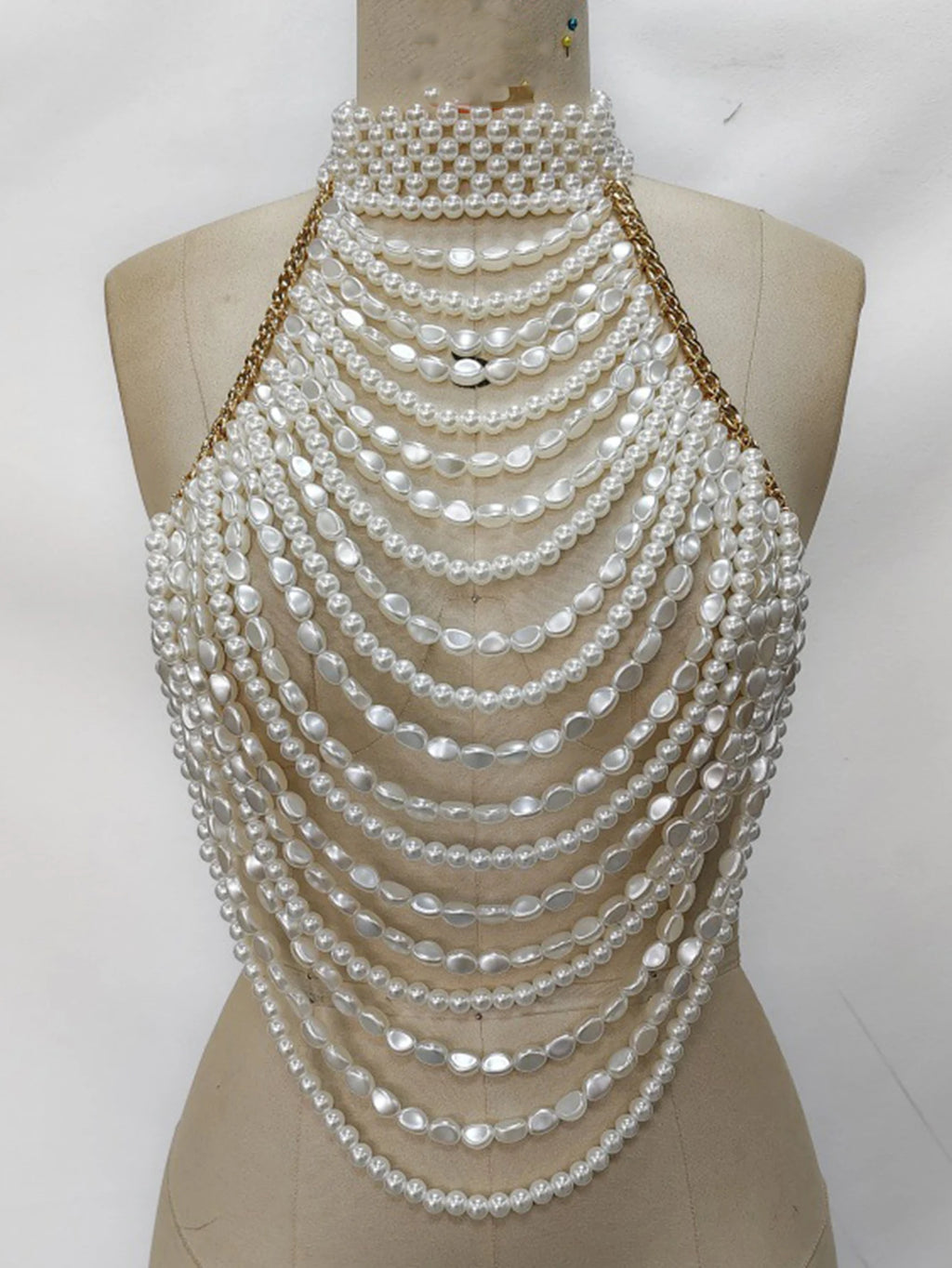 Sexy See Through Metal Chain Corset Crop Top Women Summer Pearl Beading Halter Tanks Top Nightclub Party Tops for Woman Clothing