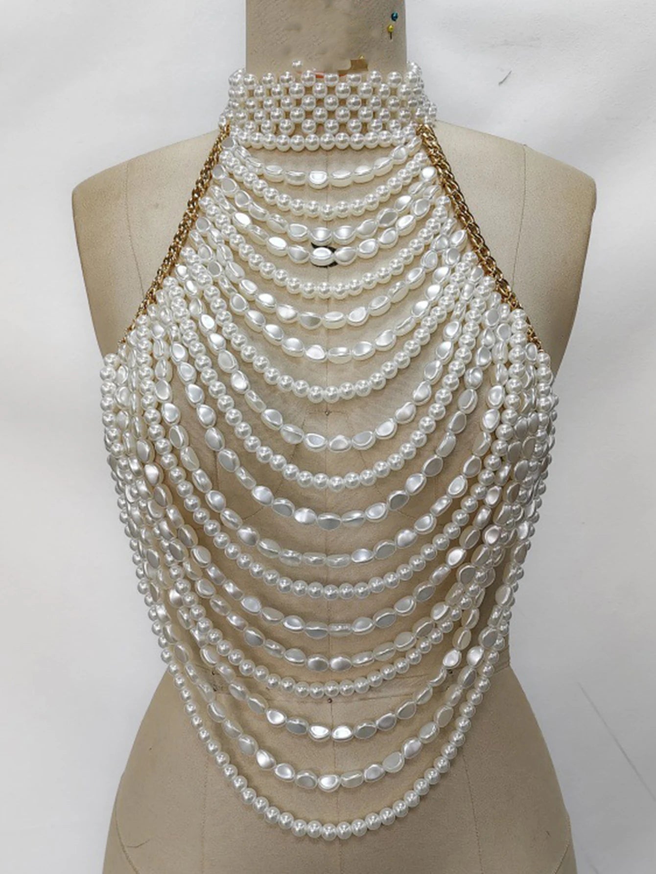 Sexy See Through Metal Chain Corset Crop Top Women Summer Pearl Beading Halter Tanks Top Nightclub Party Tops for Woman Clothing