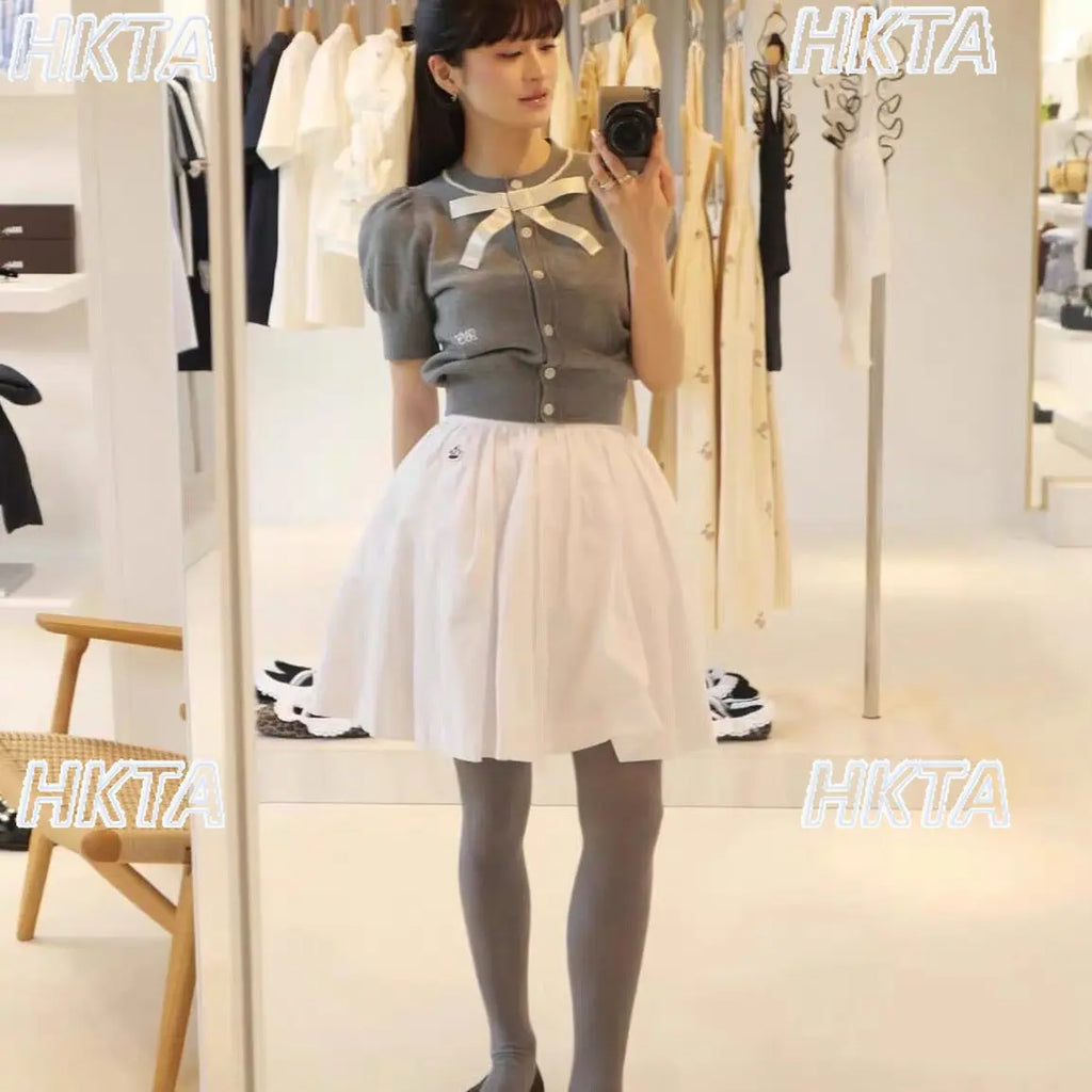 Japanese Style Sweet Stereo Bows Knitting Tshirt Cardigan Top Women Summer New Loose Casual Solid Short-sleeve Knitting Shirt
