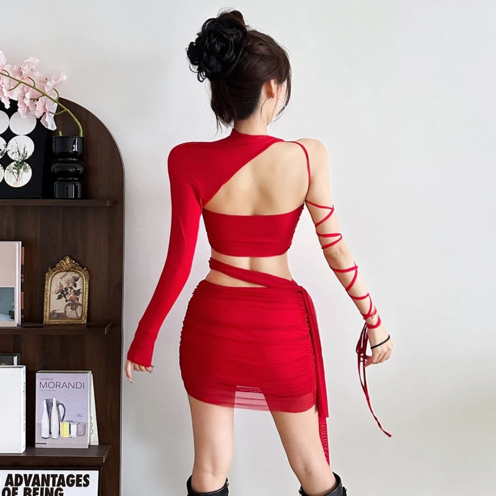 SylCue Sexy Fashion 3 Piece Set Woman Irregular Shirring Full Sleeve Shawl+Strapless Tops+Kink Design Skirts Wild Style Suits