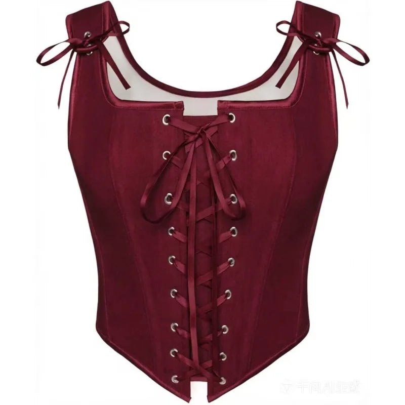 Women Renaissance Corset Top Retro Renaissance Faire Corset Square Neck Satin Lace Up Bustier Halloween Cosplay Fairy Costume