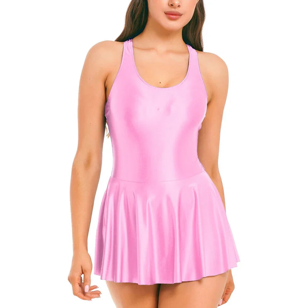 Women Dress Glossy Stretchy Sleeveless Pink Tank Dresses Solid Athletic Tennis Dress Black Swimwear Beachr Nightgown Pajamas