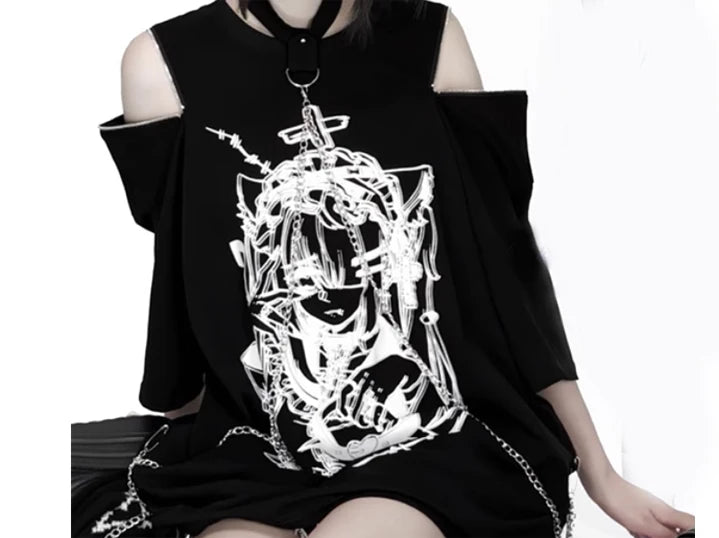 New Off-the-shoulder Subculture Cotton Tee Japanese Punk Gothic Print Dark Loose T-shirt Short/Long Sleeves Y2K Girls Cool Tops