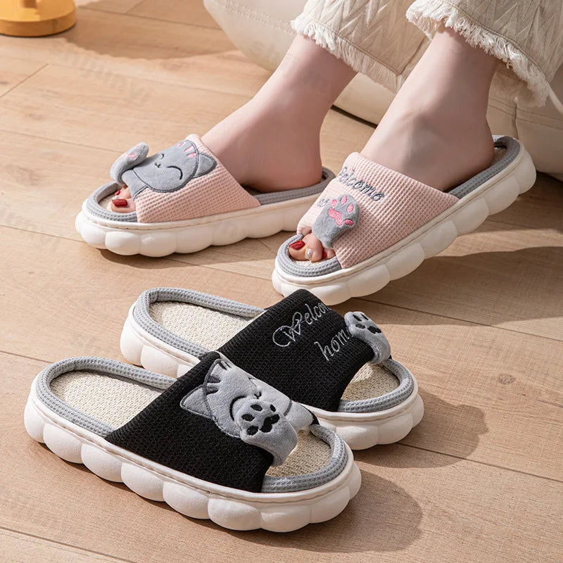 Women House Casual Slippers 2026 Spring Autumn Linen Platform Cute Cartoon Cat Floor Indoor Slippers Fashion Elegant Home Shoes