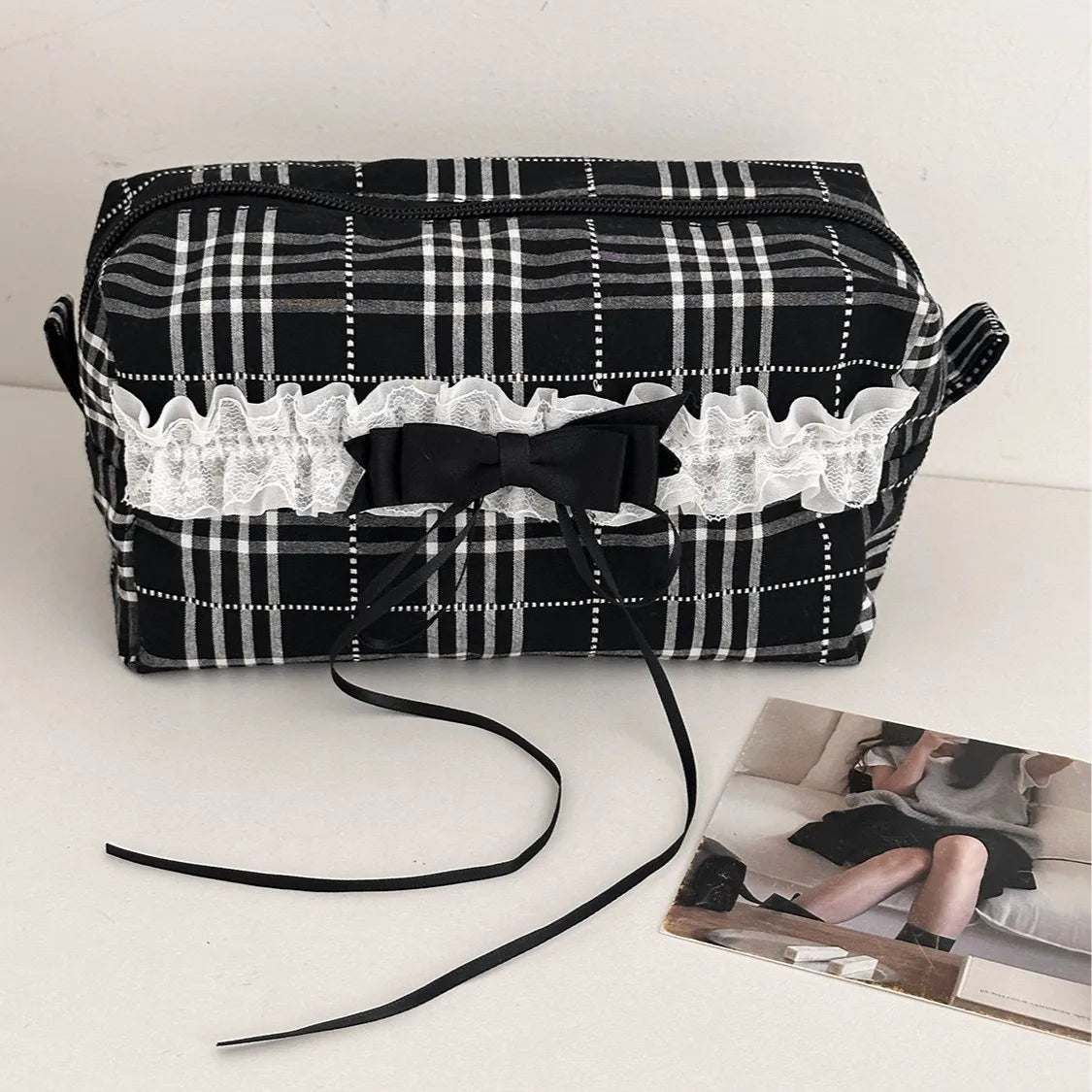 Lace Bow Canvas Makeup Bag