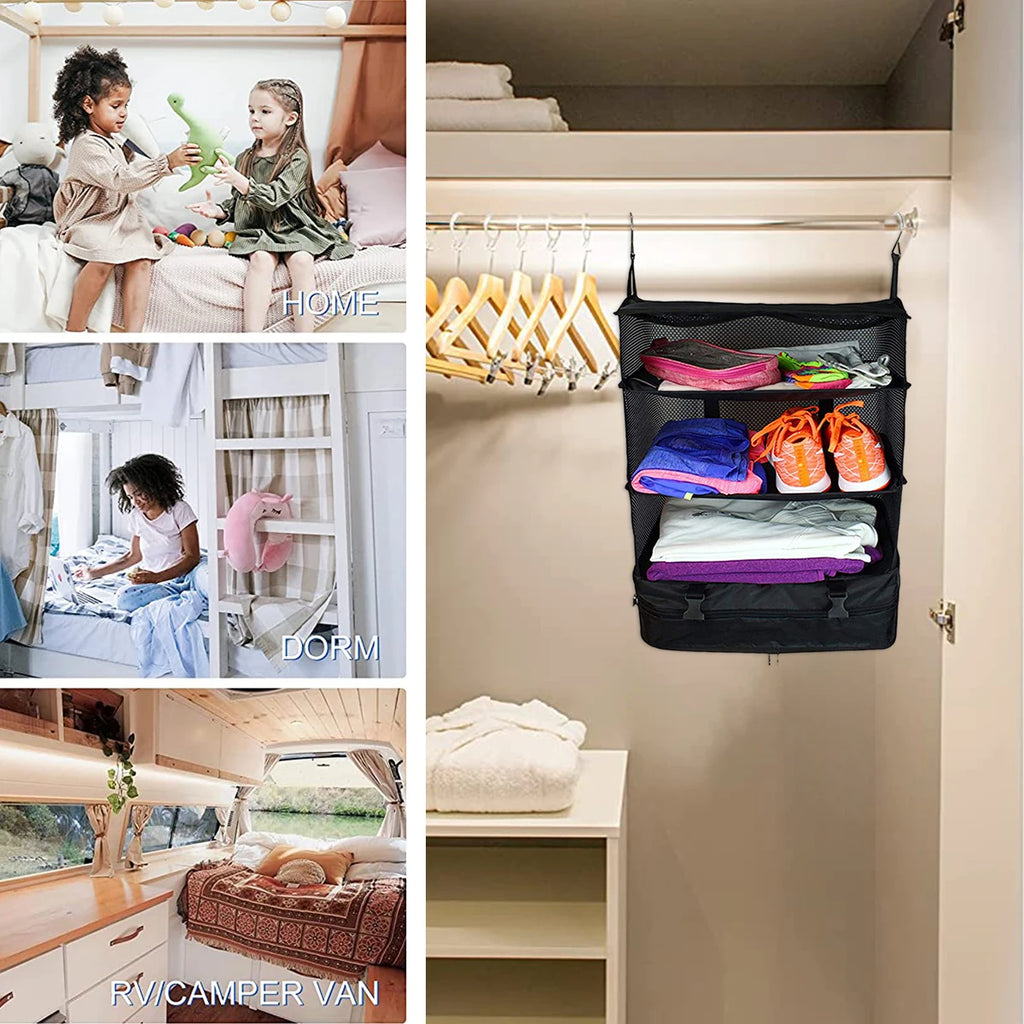 Travel Luggage Organizer Portable Travel Shelves Bag 3-Shelf Suitcase Packing Cube Collapsible Hanging Closet Storage Bag Space