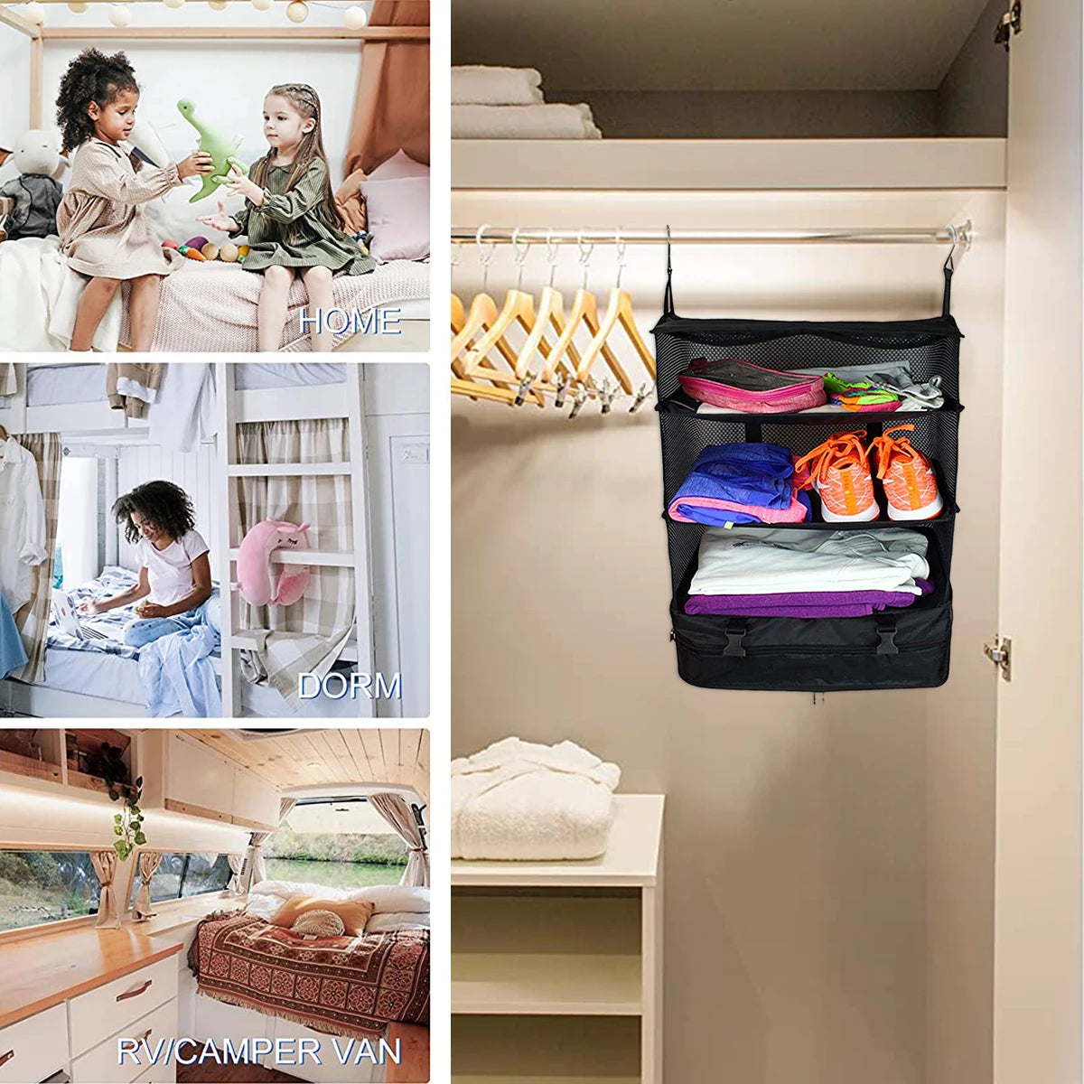 Travel Luggage Organizer Portable Travel Shelves Bag 3-Shelf Suitcase Packing Cube Collapsible Hanging Closet Storage Bag Space