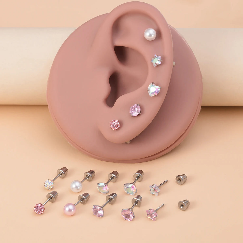 5-Pair Pink Heart & Star Stud Earring Set