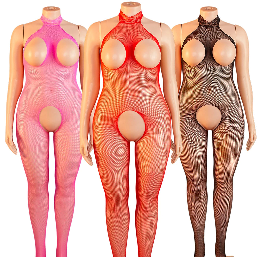 Lingerie For Women Plus Size Sexy Crotchless Fishnet Bodysuit Tights See Through Open Bust Mesh Body Stockings Exotic Sleepwear