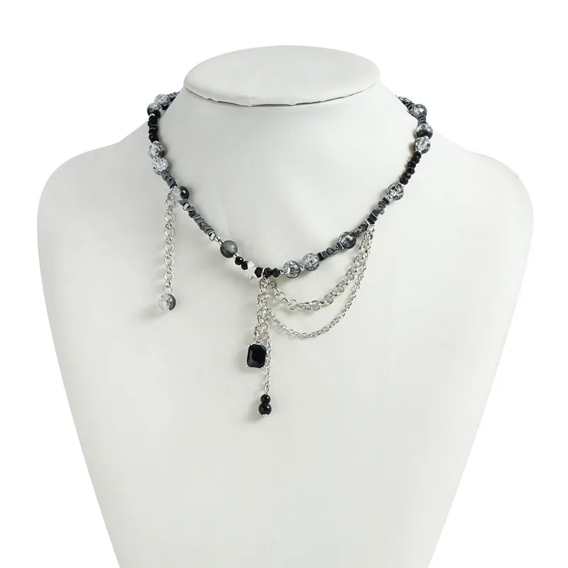 Punk Black Choker for Women Link Chain Tassel Crystal Beads Charm Necklace Gothic Jewelry 2025 New Party Girls
