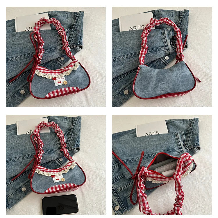 Contrast Lace Bow Pleated Shoulder Bag