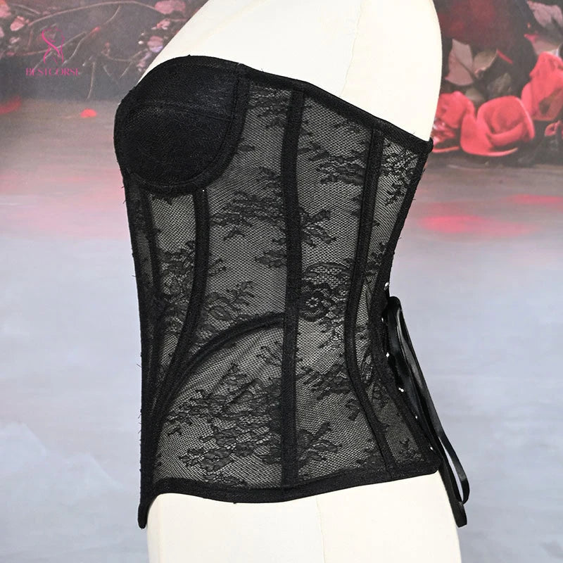 XXS Luxury Victorian Elegant Black Sexy Mesh Corset Tight Extreme Bustier Top With Cup Steel Bone Waist Cincher Sculpting Curve