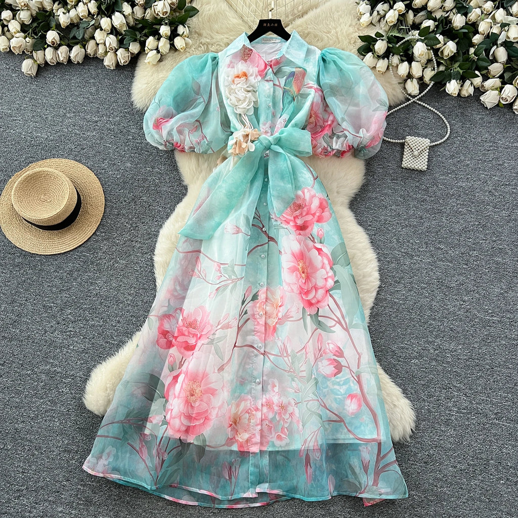 Chic vintage Sexy print mesh Spliced Fairy Summer  Women Boho Sundress women clothing Long dress