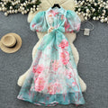 Chic vintage Sexy print mesh Spliced Fairy Summer  Women Boho Sundress women clothing Long dress