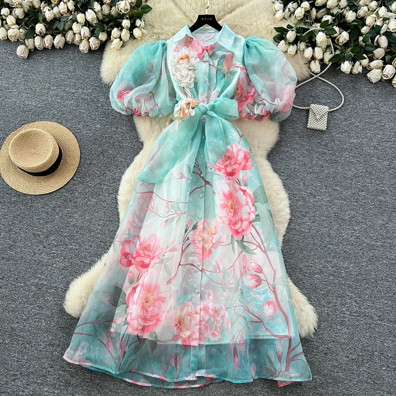 Chic vintage Sexy print mesh Spliced Fairy Summer  Women Boho Sundress women clothing Long dress