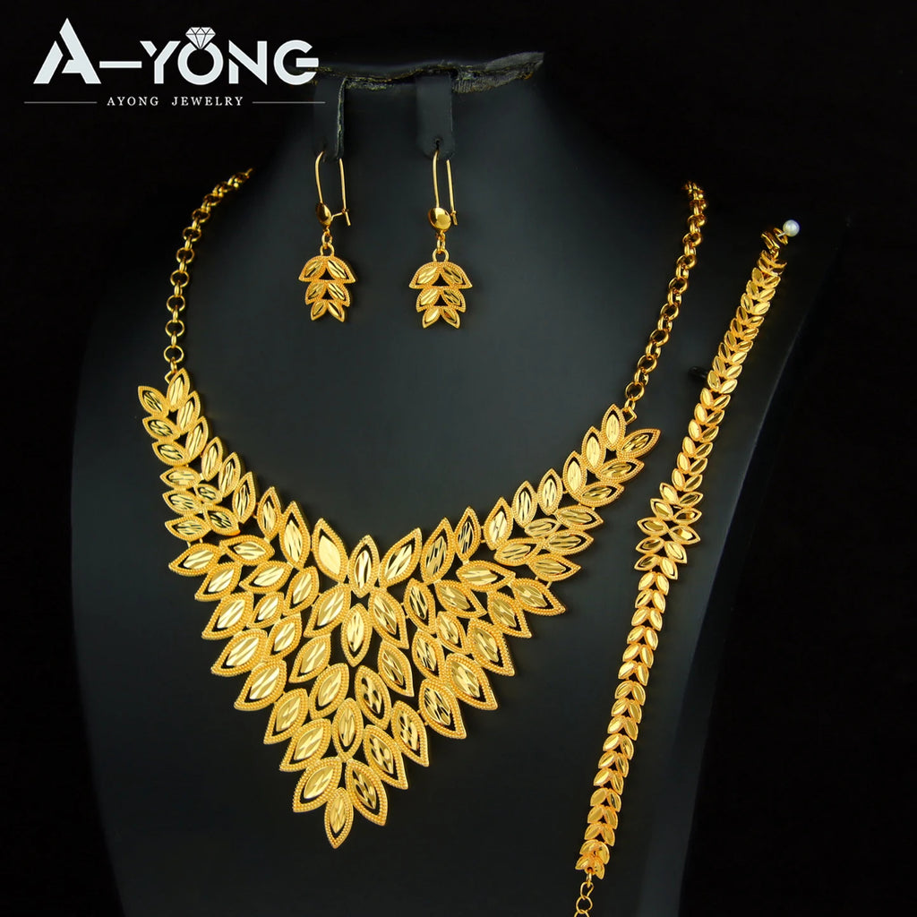 Dubai Gorgeous Bridal Wedding Jewelry Set 24k Gold Plated Ethiopia Exotic Necklace Bracelet Earrings Arabic Women Ethnic Jewelry