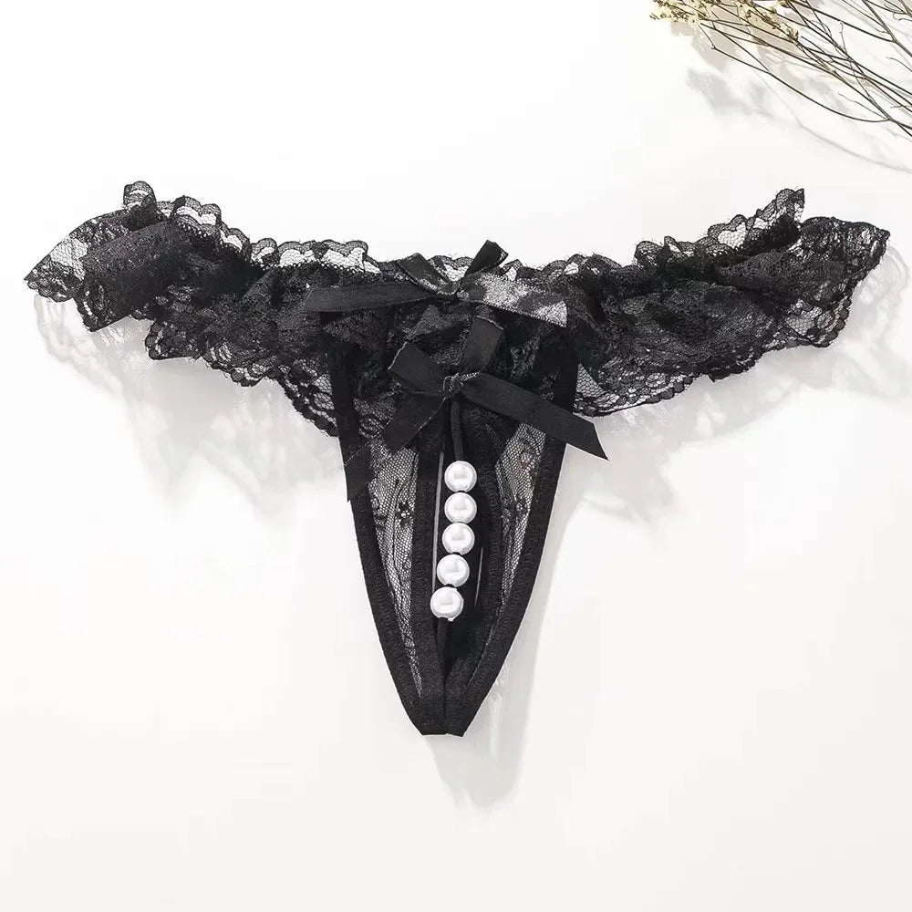 Sexy Panties for Hot Sex Women's Massage Bead Bow Chain Thong Soft Lace Crothless Lingerie Tie Low Waist Hollow G-string Thongs