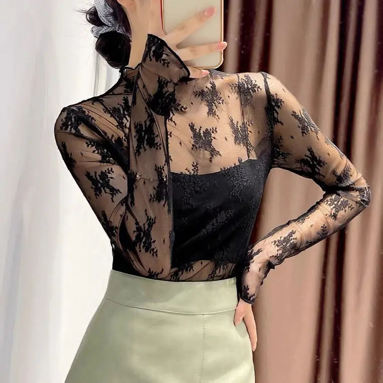 Sexy Women T Shirt See Through Transparent Mesh Tops Long Sleeve Sheer Slim Ladies Turtleneck Bright Silk T-Shirt Lace Crop Top