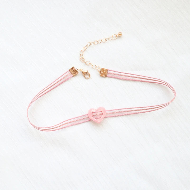 Women's Pink Lace Pearl Pendant Choker