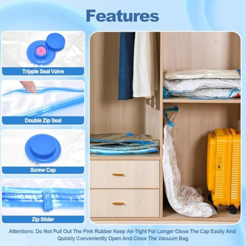 2/3/7 Pcs Vacuum Storage Bags for Clothes Heavy Duty with Hand Pump Space Saver Airtight Reusable Travel Storage Organizer