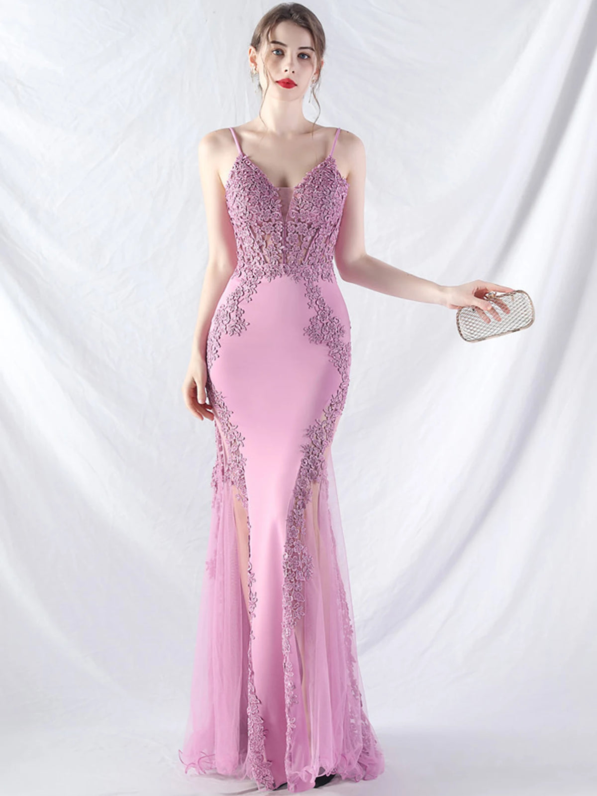 Women's Sheer Lace Mesh Maxi Evening Dress