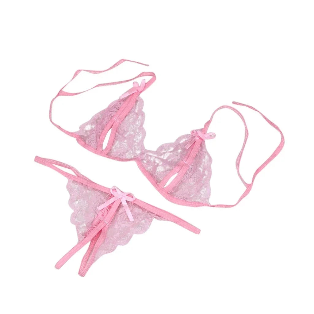 Sexy Women Lady Lingerie see through Lace Underwear Sleepwear lace up bra +Open Crotch G-string Erotic set For Woman Нижнее Бель