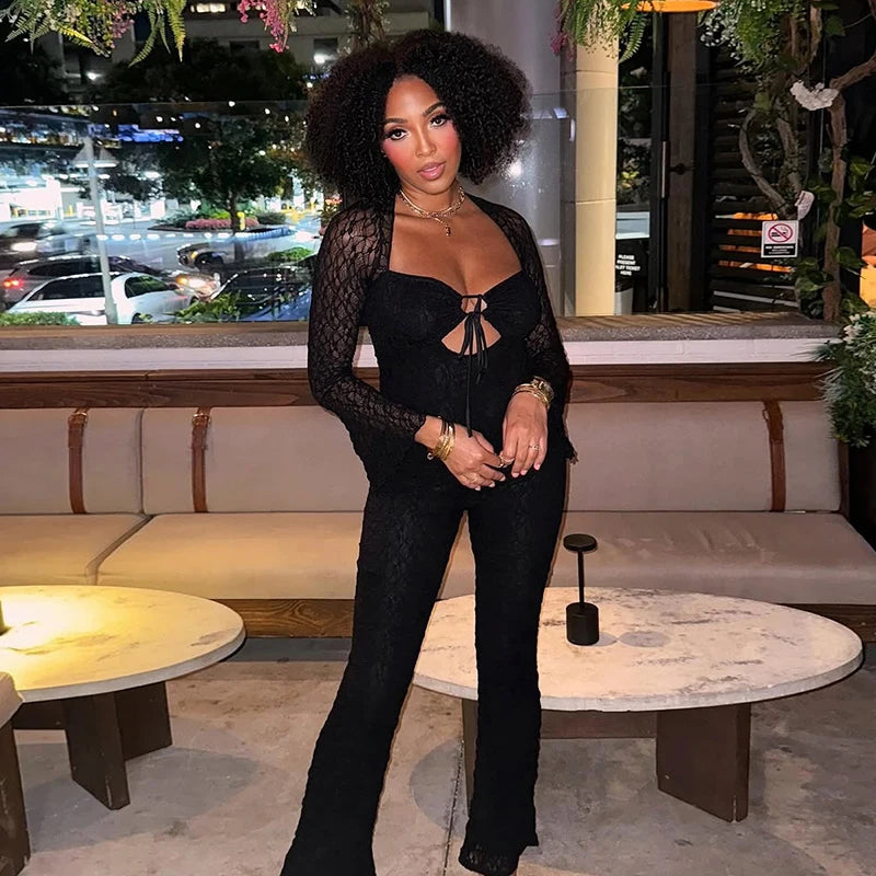 Sexy chest wrapped lace waist cinched hollow drawstring long sleeved jumpsuit pants