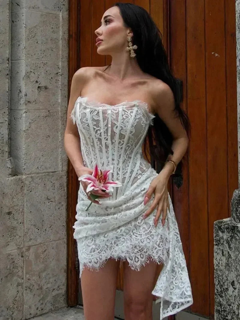 Sexy Lace See-through Corset Dress Patchwork High Waist Dress Elegant Printed Strapless Slim Evening Dress Tube Top Dress New