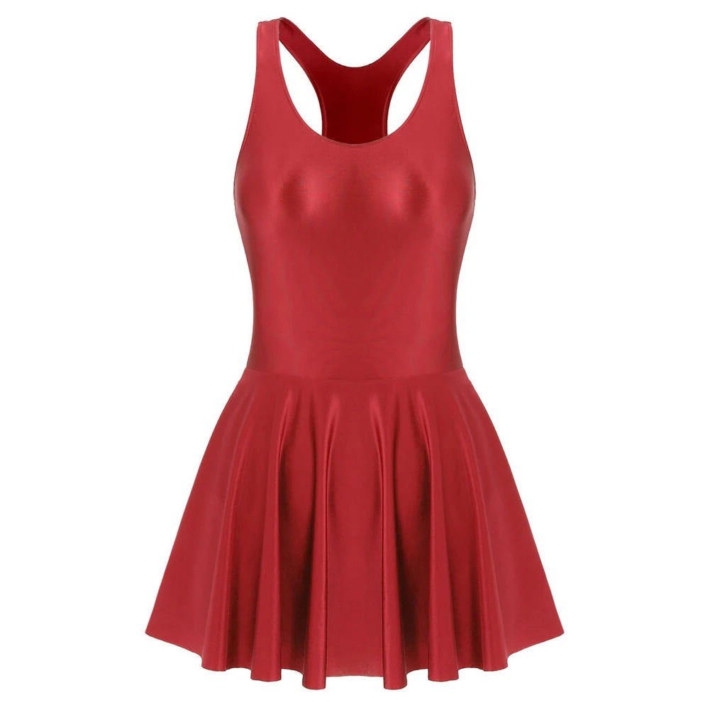 Women Dress Glossy Stretchy Sleeveless Pink Tank Dresses Solid Athletic Tennis Dress Black Swimwear Beachr Nightgown Pajamas