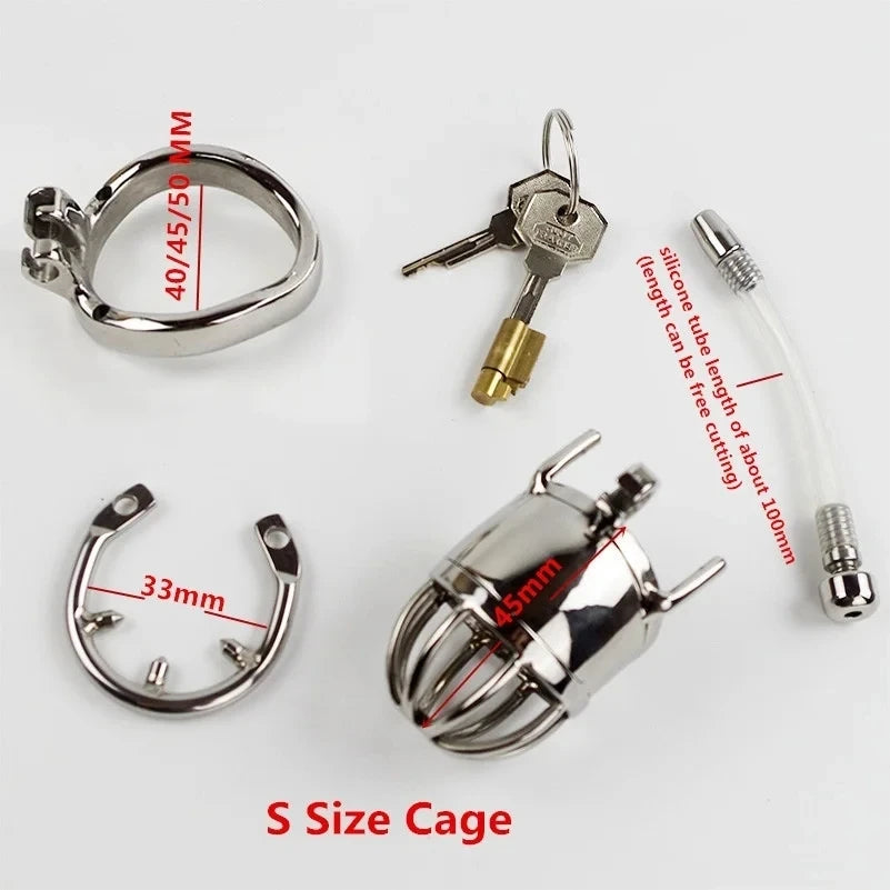 Stainless Steel Chastity Cage with Silicone Catheter