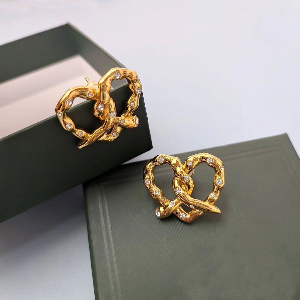 18K Gold-Plated CZ Bow & Heart Stud Earrings