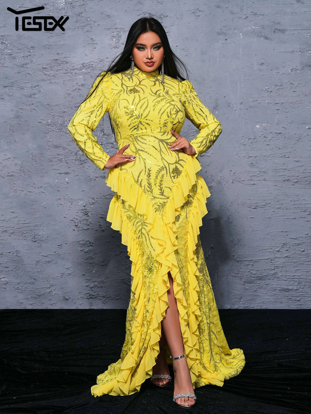 Yesexy Plus Size Elegant Beautiful Women Round Neck Long Sleeved Split Evening Gown Wedding Birthday Party Formal Occasion Dress