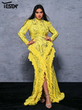 Yesexy Plus Size Elegant Beautiful Women Round Neck Long Sleeved Split Evening Gown Wedding Birthday Party Formal Occasion Dress