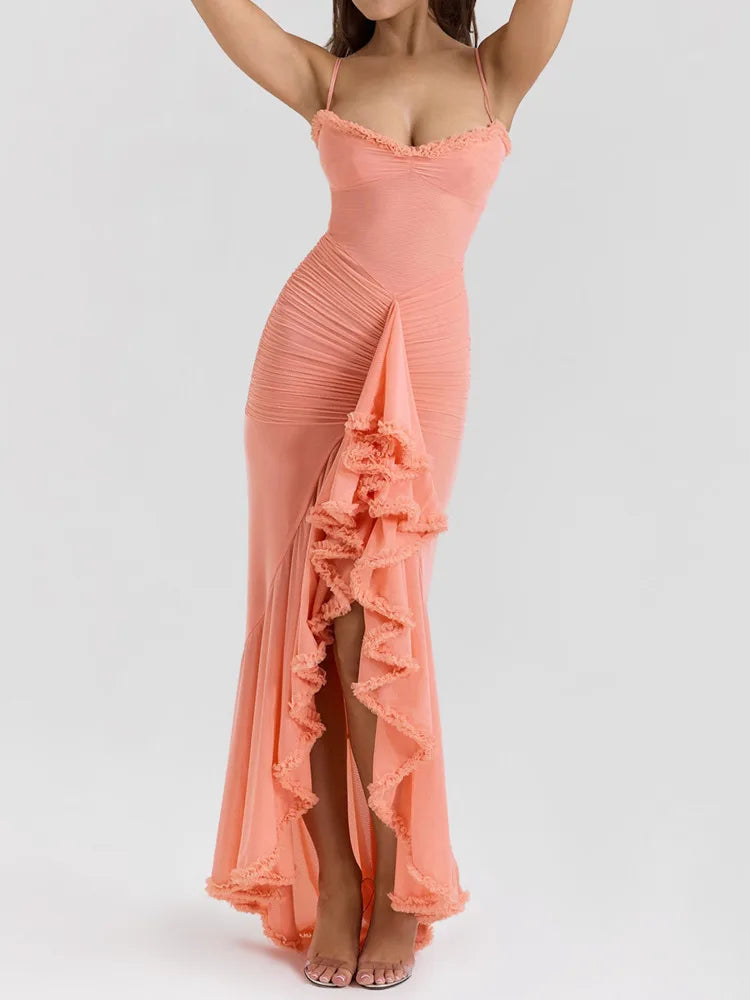 Articat Sexy Spaghetti Strap Ruffle Irregular Bodycon Party Club Evening Dress Women  Mesh Suspender Spring Summer Holiday Beach