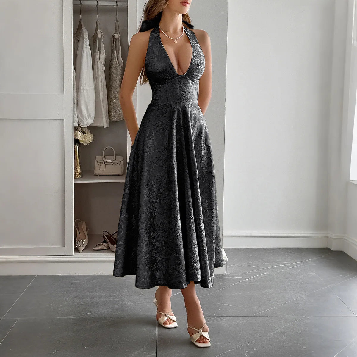 Sexy Bow Backless Women's Summer Long Dress Elegant Jacquard Waist Wrap Halter V-Neck Sleeveless Evening Party Maxi Dresses