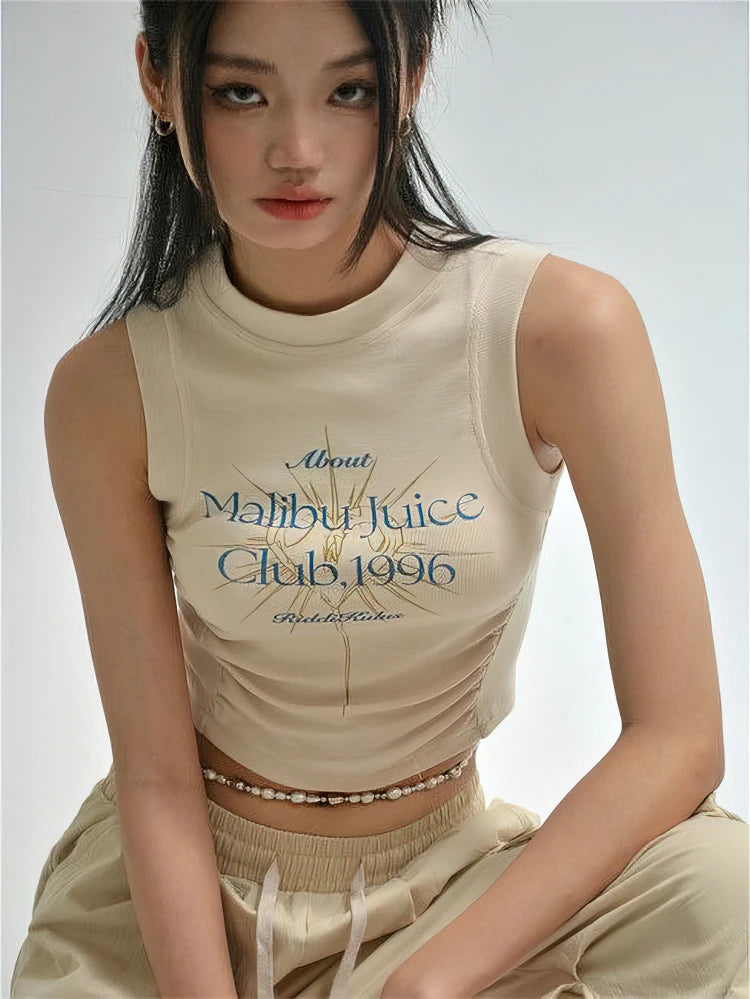 Y2K Letter Print Shirred Sleeveless Crop Top