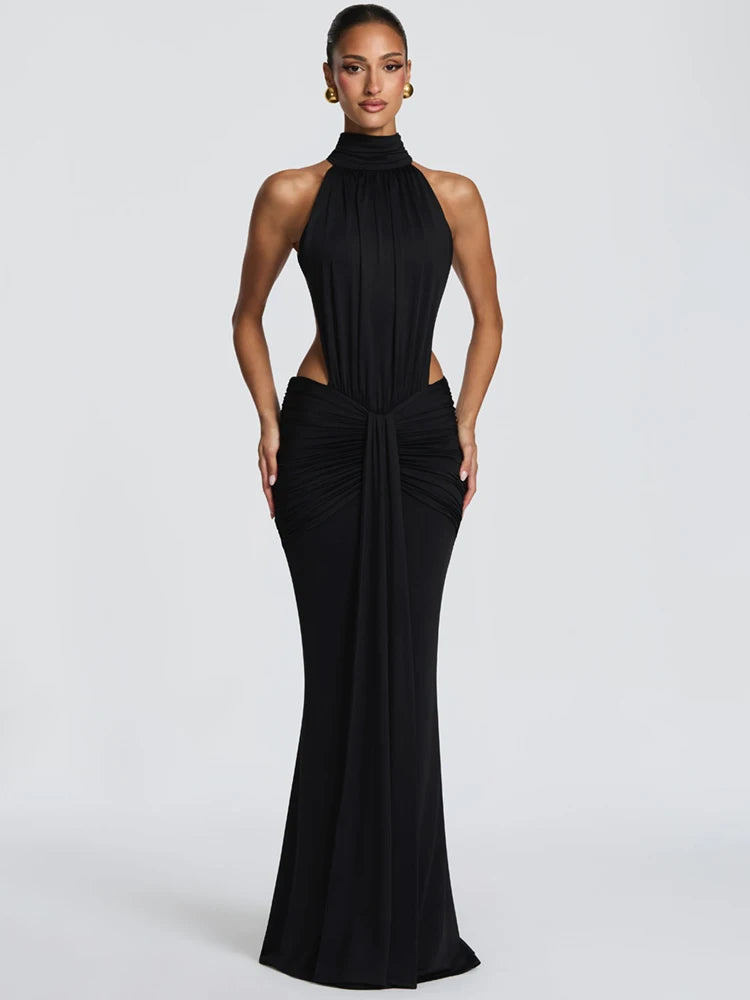 Sibybo Sexy Backless Bodycon Elegant Maxi Dress Women Fashion Sleeveless Half High Collar Draped Ruched Evening Party Dresses