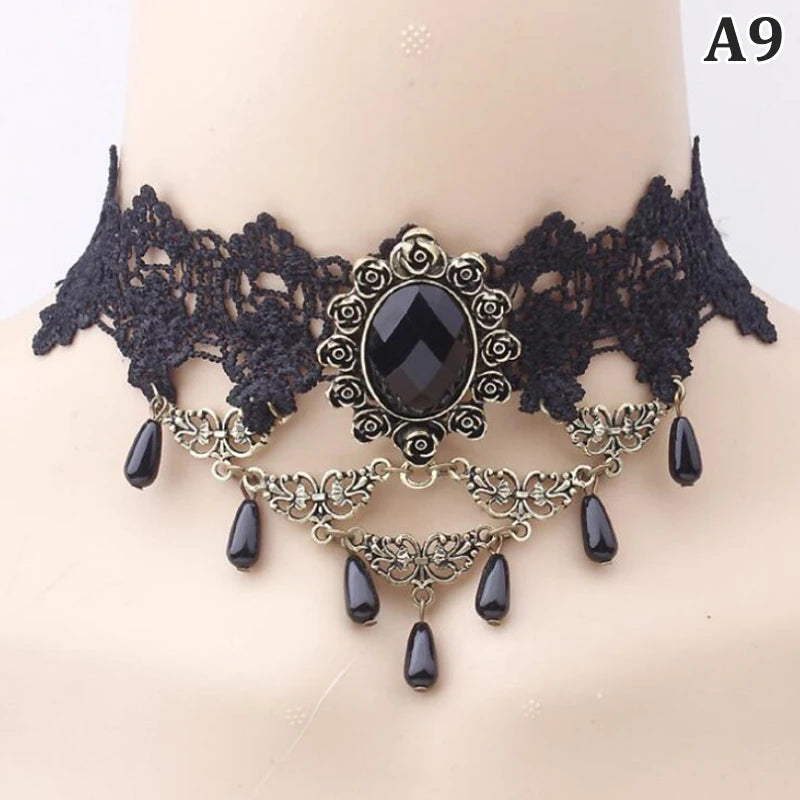 Black Lace Crystal Victorian Choker Necklace
