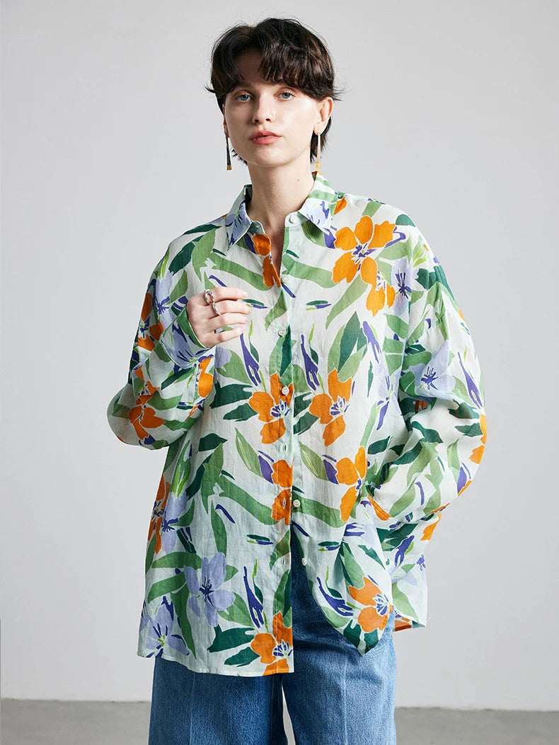 Women's Ramie Printed Turn-Down Collar Shirt