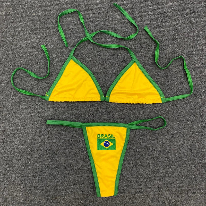 Sexy Spicy Girls Contrast Color Split Two Piece Y2K Europe America Slim Fashion Flag Printed Dopamine Bikini Beach Holiday Suit