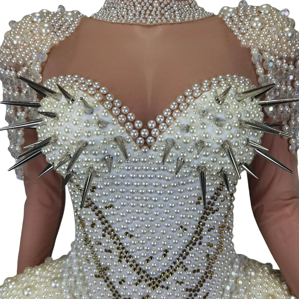 Women's White Pearl Tassel Rhinestone Stage Jumpsuit