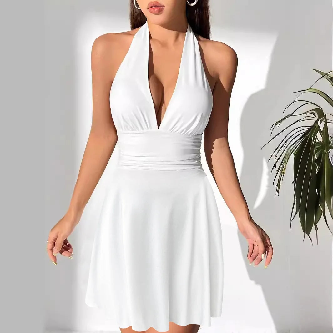 Women's Backless V-Neck Pleated Mini Dress