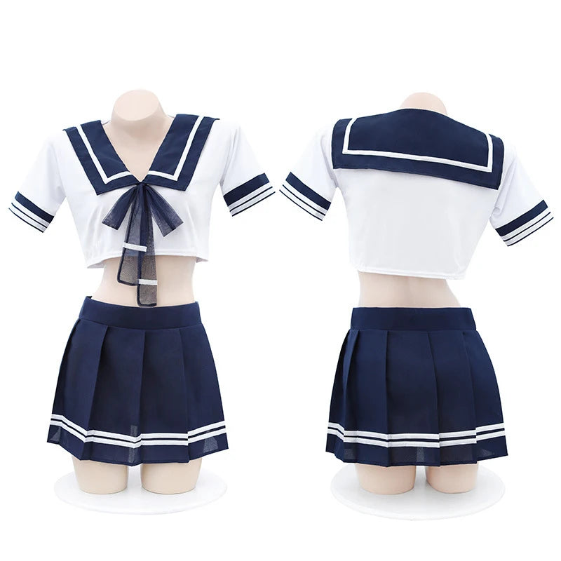 Erotic Anime Student Costume Hot Girls Sexy Set Low Waist JK Pleated Skirt Midriff-baring Transparent Top Exotic Woman Uniform