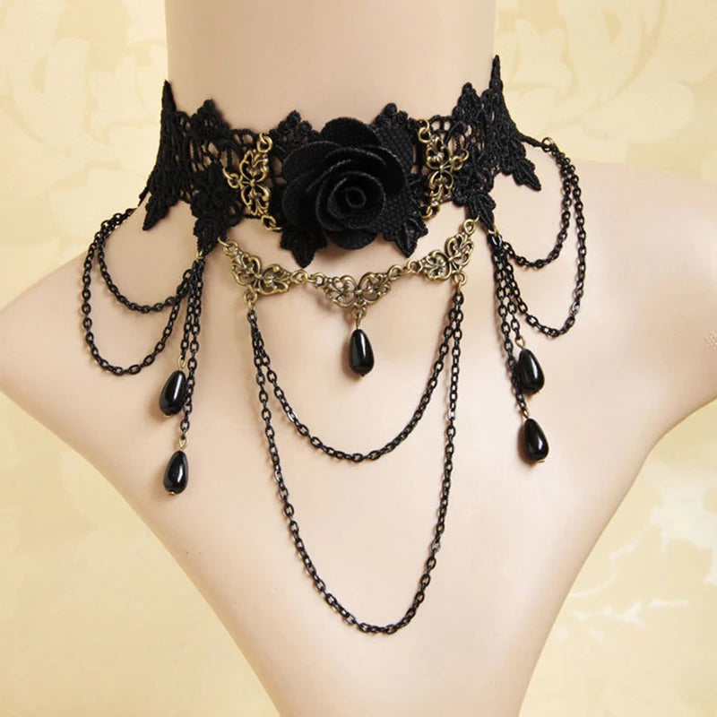 New Collares Sexy Gothic Chokers Crystal Black  Rose Lace Neck Choker Necklace Vintage Victorian Women Choker Steampunk Jewelry