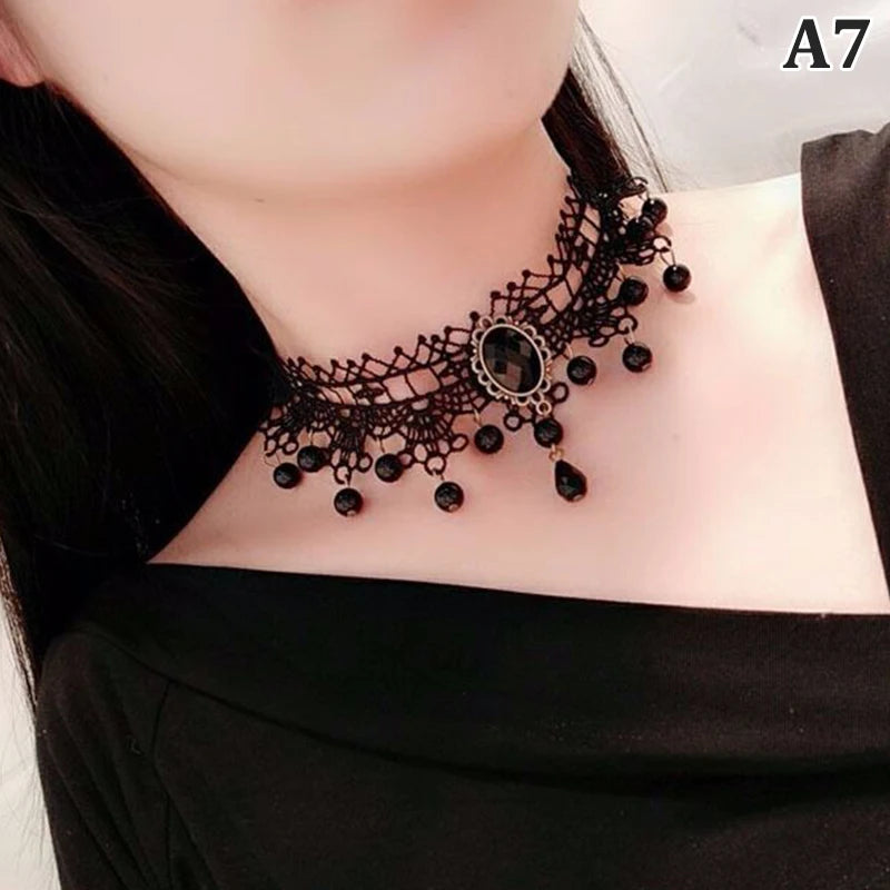 Black Lace Crystal Victorian Choker Necklace