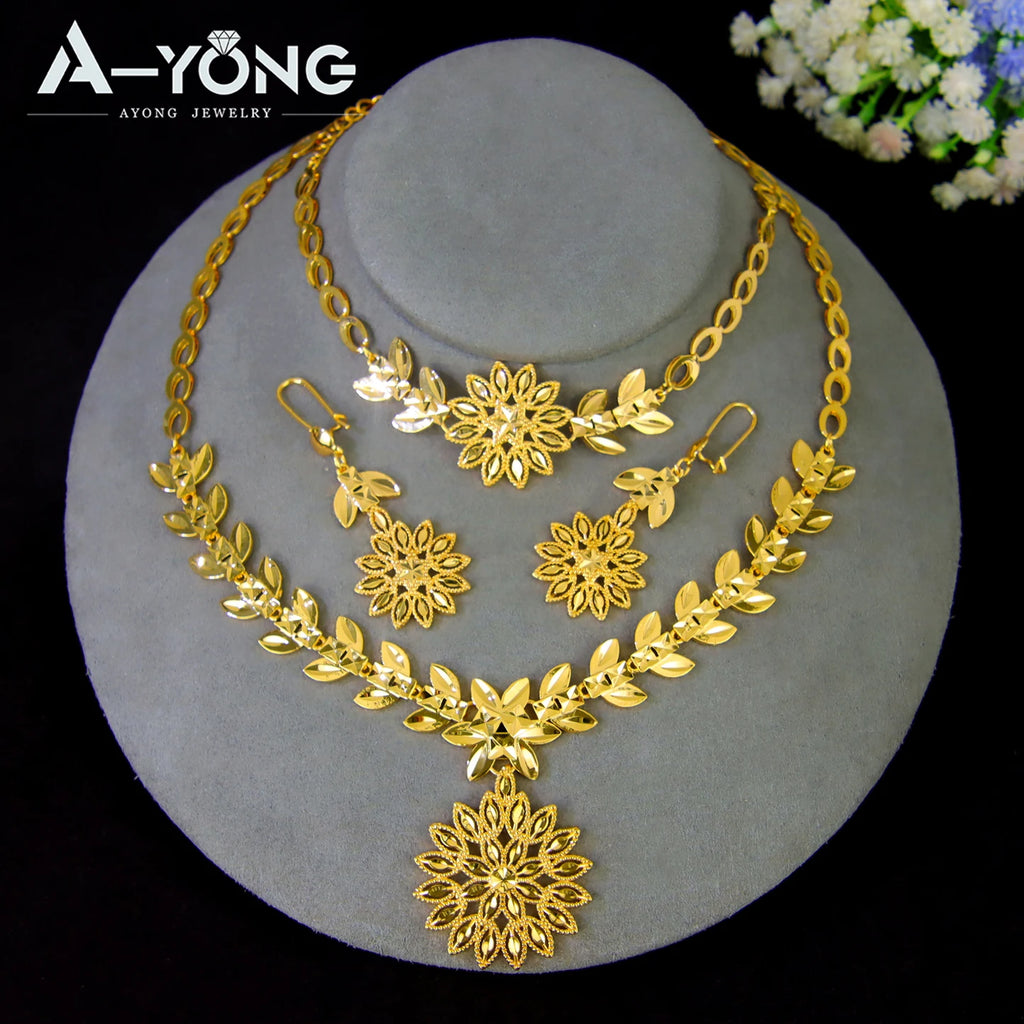 Dubai Gorgeous Bridal Wedding Jewelry Set 24k Gold Plated Ethiopia Exotic Necklace Bracelet Earrings Arabic Women Ethnic Jewelry
