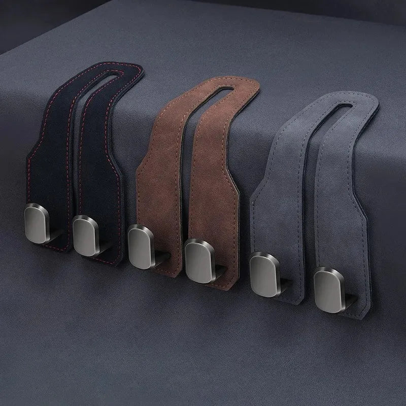Car Interior Storage Hook, Suede Leather Metal Strap Hanger, Rear Seat Headrest Organizer with Drill, Durable Car Accessories
